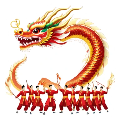 Cinematic Realistic scene of a Chinese Dragon Dance featuring performers energetically holding a vibrant dragon model aloft, with intricately detailed scales and dynamic flowing costumes, illuminated by festive red and gold lighting that captures the spirit of celebration. sticker