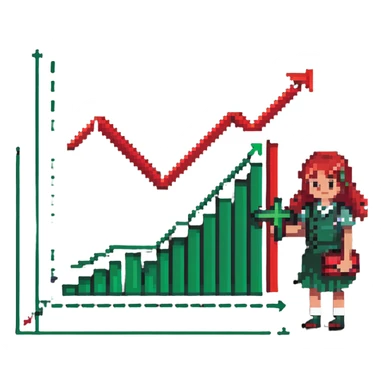 Girl holding chart with rising green graph line in right hand and holding another chart with falling red graph line in left hand sticker