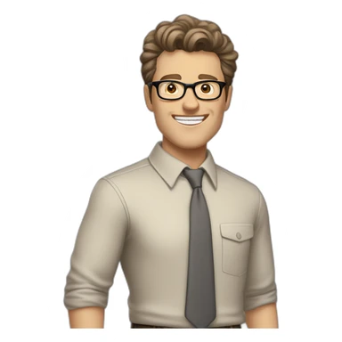 Joyful Pale skinned Fit Man With dark brown hair in gray jacket, beige office shirt, Brown pants and vintage glasses. His thrumbs up sticker
