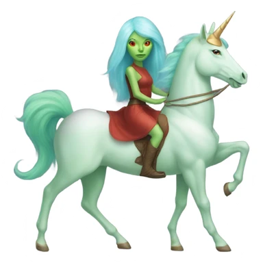 [politically incorrect
	{ woman: alien, color: light green, hair:red, eyes:cat} ]
	on a 
	[{ unicorn: white, legged:four, mane: light blue }] sticker