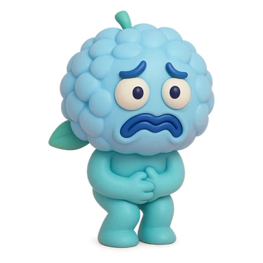 sky blue hydrangea flower with a twisted face and bulging eyes, holding its belly in a desperate toilet run, soft pastel shades, vinyl figure style sticker