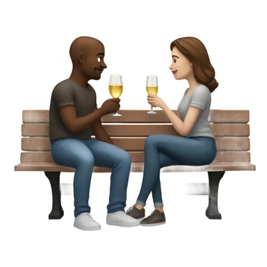 couple with white skin people and brown hair, sitting closely on a park bench, enjoying a romantic moment. One person is holding a croissant, and the other is holding a glass of Prosecco.  sticker