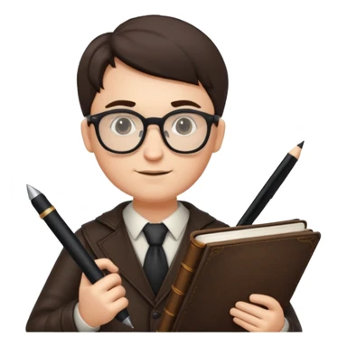 writer holding big pen in hand and book in other hand, wearing glasses sticker