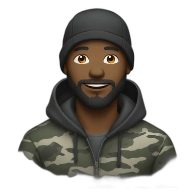 black man with a beard, gray camo hat, black hoodie sticker