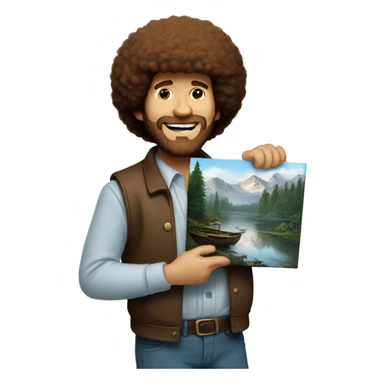 Bob Ross holding a painting sticker