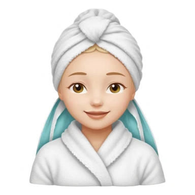cute girl with her eyes closed and smiling, wearing a white spa towel as her clothes in she has a white spa towel on her head, white face skincare sticker