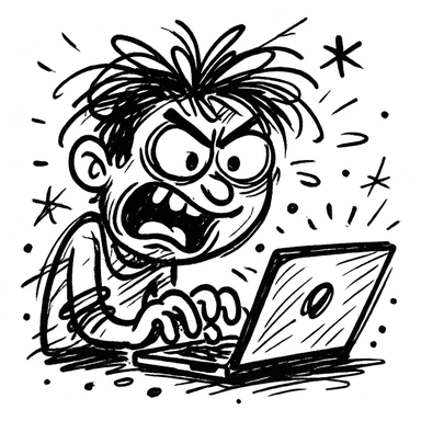 funny chaotic coder with exaggerated expressions and messy hair, coding on a laptop sticker