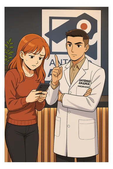 su questo stile fai un manga/webtoon a colori in cui una donna CONTROLLA LO SMARTPHONE MENTRE PARLA CON L'UOMO, l'uomo della foto in stile manga LE DICE DI "NO" CON IL DITO, mantieni un ambiente simile alla foto che ho allegato con il suo logo (sarebbe il suo studio, lui è un kinesiologo), scrivigli "ANTONIO ANANIA" sul camice bianco, non mettere fumetti, ma fai in modo che sembri che la donna CONTROLLI LO SMARTPHONE E L'UOMO CON I GESTI LE FACCIA CAPIRE CHE STA SBAGLIANDO sticker