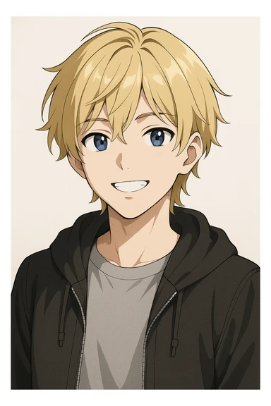 anime style portrait of an 18 year old young person with blonde hair, smiling, modern clothing, light background sticker