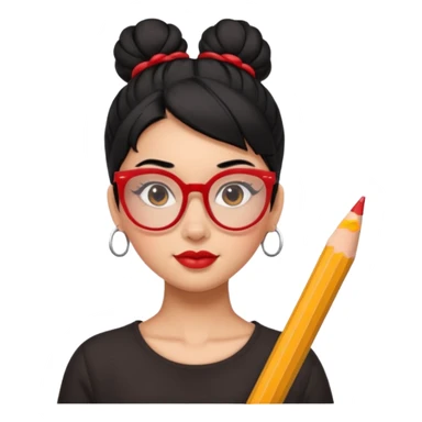 Morena girl with black hair in a pencil that creates a high bun hairstyle. She has red glasses sticker