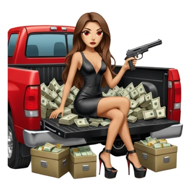 Lilith symbol red eye seductress evil long brown haired sexy succubus woman with leather long dress with slit, sitting in Big Large F350 pickup truck. Black Platform high heels on feet. Back of truck full of stacks of cash, sitting behind her is  a human skull with a gun in other hand sticker