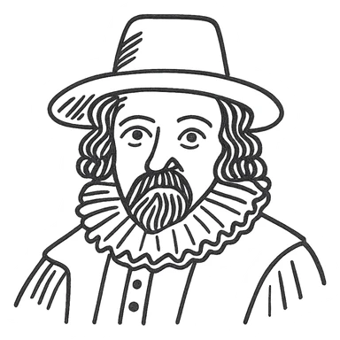 a hand drawn black outline portrait of philosopher Francis Bacon with similar-sized eyes based a famous portrait of him sticker