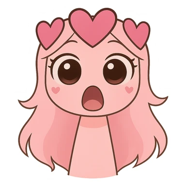 Change the pink character with heart hair to a surprised expression, with wide eyes and open mouth, in chibi stickers style. sticker