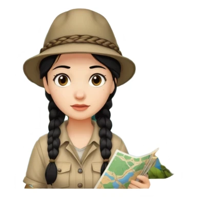 A braid black hair backpacking woman checking her map with curious eyes while wandering in the woods with camping hat sticker