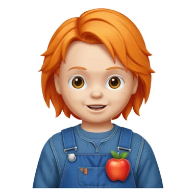 Chucky doll emoji with orange hair, blue overalls, mischievous grin, apple style emoji sticker