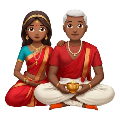 an indian bride sitting on her fathers lap. father is wearing a dhoti, shirtless and sitting on a chai sticker