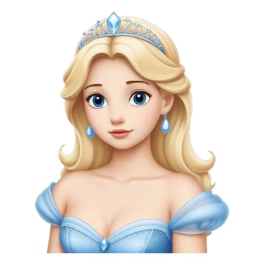 Cinematic Timeless Cinderella Portrait Emoji, rendered in a realistic, simplified vector style. Depict a classic Cinderella with delicate fair skin, beautifully styled blonde hair, and a calm, content expression, dressed in her iconic gown. The design is highlighted by a soft glowing outline and gentle, enchanting luminosity, capturing the essence of pure fairy-tale elegance. sticker