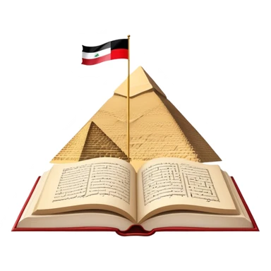 An icon featuring the Pyramids of Giza and the big flag of an Arabic-speaking country, symbolizing the Arabic language. The design includes an open book with Arabic script and calligraphy, representing language learning and cultural heritage. Transparent background sticker