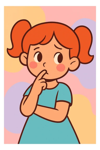 cartoon style girl with a finger in her mouth, shy expression, soft pastel colors sticker