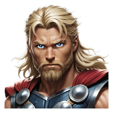Cinematic Realistic Thor Portrait, depicted with lifelike skin texture and a commanding, muscular build that radiates divine strength. His piercing eyes, framed by rugged, flowing hair and a well-groomed beard, exude both determination and amiable authority. Clad in his signature armor with subtle hints of mystical lightning, the portrait is rendered in dynamic natural lighting with a radiant, heroic glow. sticker