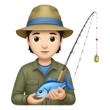 GRANJERO PIEL CLARA Y PELO OSCURO  CON CAÑA DE PESCAR Y UN PESCADO EN LA CAÑA QUE SEA HOMBRE sticker
