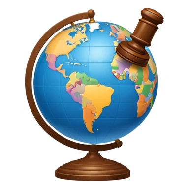 An icon featuring a globe with a gavel and a political map, symbolizing political science. The design includes a ballot box and a podium, representing democracy and governance. Transparent background highlights the study of political systems and global relations. sticker