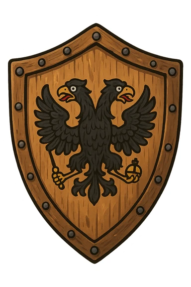 Деревянный щит 15 века с двуглавным российским орлом, рисованный стиль, немного мультящности, прозрачный фон sticker