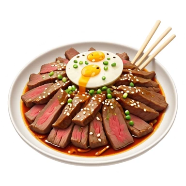 Bulgogi Cinematic Realistic Bulgogi Dish Emoji, depicted as thinly sliced, marinated beef stir-fried to perfection, rendered with dynamic textures and vibrant, appetizing lighting. sticker