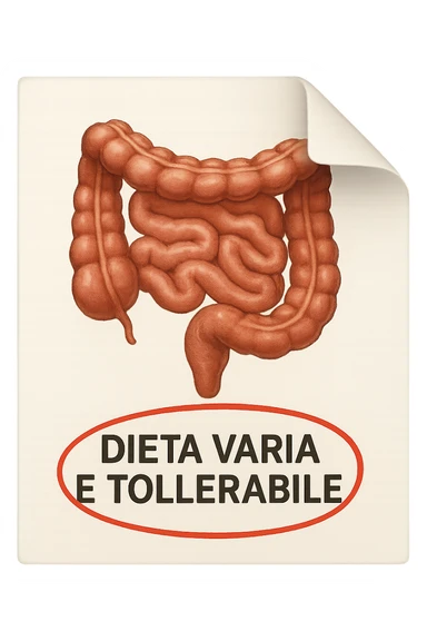 emoji stile iphone di un foglio con un INTESTINO disegnatO sopra e la scritta "DIETA VARIA E TOLLERABILE" CERCHIATA IN ROSSO, iperrealistico 4k, isolato su sfondo bianco sticker