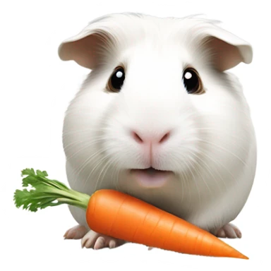 white guinea pig smiling holding carrot sticker