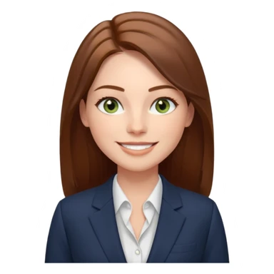 confident CEO named Freya McOmish, smiling, hazel green eyes, straight long hair with a middle part, subtle freckles, modern business style, broad shoulders sticker