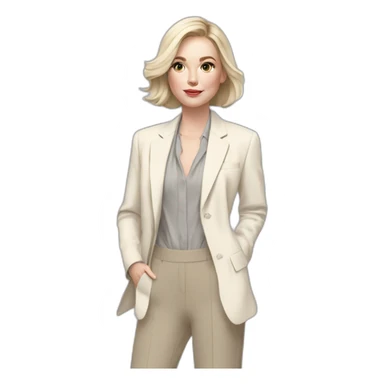 pale skin woman with ash blonde Straightened bob Hair, White Spacious classical jacket, beige palazzo Arrow pants and gray blouse holding a color palettes in the hands sticker