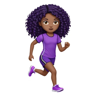 Uma boneca morena escura com olhos castanhos e cabelo cacheado longo preto até o peito, treinando correndo a roupa top até o meio da barriga roxo com detalhes preto e short roxo com detalhes preto sticker
