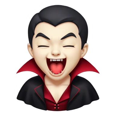 Cinematic Cute Yawning Vampire Portrait Emoji, with a small, rounded, charming pale face accented with tiny playful fangs and droopy, half-closed eyes, head tilted in an adorable wide yawn, dressed in miniature elegant dark attire with a hint of crimson, simplified yet irresistibly endearing, highly detailed with a soft, mysterious glow and gentle outline that captures the cute, drowsy side of an immortal! sticker