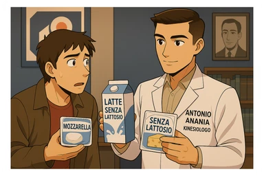 fai un webtoon manga a colori con questo stile, in cui un uomo ASCOLTA Il kinesiologo con il camice bianco (fagli anche la scritta "ANTONIO ANANIA" SUL CAMICE, IL KINESIOLOGO SPIEGA ALL'UOMO UNA MOSTRANDO VARI PRODOTTI DA SUPERMERCATO CONFEZIONATI (TIPO SCATOLA DI LATTE, MOZZARELLE CONFEZIONATE, FORMAGGIO CONFEZIONATO), OGNI CONFEZIONE HA LA SCRITTA "SENZA LATTOSIO SULL'ETICHETTA. L'UOMO OSSERVA IL KINESIOLOGO CON ESPRESSIONE CONFUSA IN VOLTO. non fare i fumetti però, fai solo in modo che sembri stiano parlando sticker