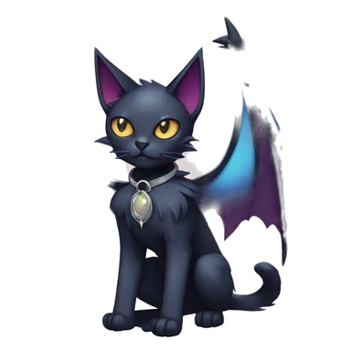   cool edgy beautiful anime-style ethereal dark-punk-themed animal vampiric cat-hybrid Fakemon with fangs and bat-wing-ears with a collar full body sticker