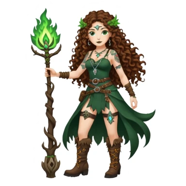 full body view of a woman with long curly brown hair, brown eyes, white skin, tattoos, wearing a forest witch outfit with high boots and rune belt, casting green flame from her hand sticker