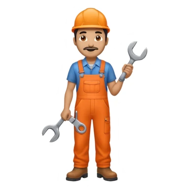 Indian male railway engineer orange overalls, boots holding a spanner sticker