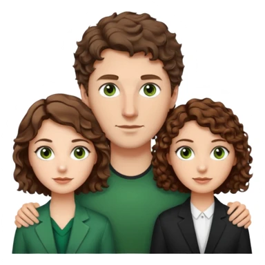 White Man in the middle with brown hair and green eyes, women next to him with short brown hair with slight waves, taller women on right side with shoulder length curly hair and brown eyes sticker