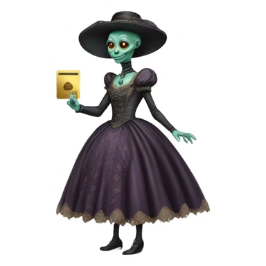 alien galora in Victorian dress elegant, full body, holding big credit card sticker