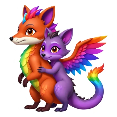 black female raccoon dragon hybrid with rainbow colored wings and purple eyes giving a big hug to a red female fox dragon hybrid with rainbow colored wings and orange eyes sticker