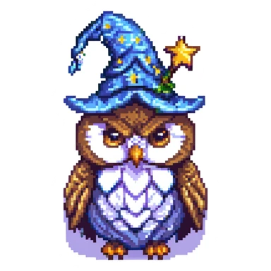 pixel art owl wearing a starry wizard hat sticker