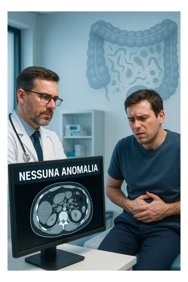 Medico in camice bianco in uno studio moderno, mentre osserva una TAC o ecografia su uno schermo con espressione convinta. Accanto a lui, un paziente seduto che lamenta dolori intestinali. Sullo sfondo, un’immagine traslucida dell’intestino pieno di piccoli parassiti stilizzati (vermi, protozoi), non visibili nel monitor medico. Il monitor mostra 'nessuna anomalia', ma dietro c’è la realtà invisibile. Atmosfera clinica ma con contrasto simbolico tra 'ciò che si vede' e 'ciò che sfugge'. Colori freddi, luce ospedaliera in italiano sticker