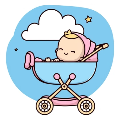 sleeping baby in pink and beige stroller with fluffy pastel blue clouds and shining stars decorating the entire scene sticker