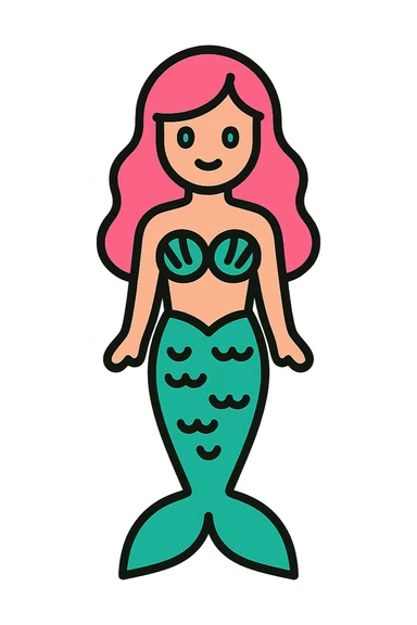 full length mermaid with pink hair, blue eyes, turquoise green tail, minimal detail, lineal color icon style sticker