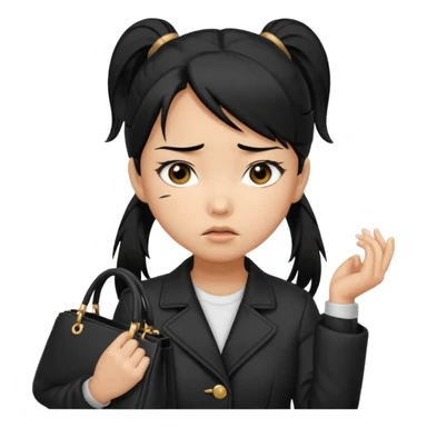 A girl with a pony tail black hair and Asian tan skin, Asian eyes, with a black jacket and a black purse, with an annoyed and confused expression on her face  sticker