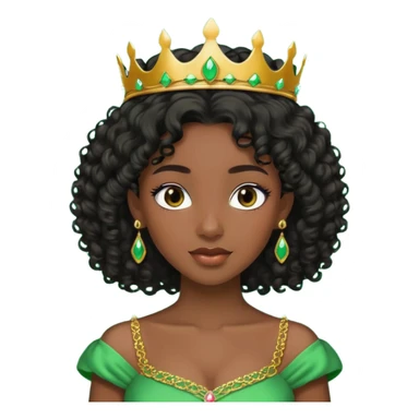 balck princess with black curly hair and a golden tiara. Green dress sticker