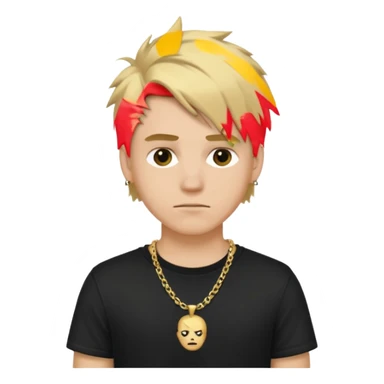 make a iphone emoji who is a white man that looks young with messy blonde medium hair with a black punk shirt and a golden neckless sticker