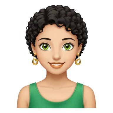Girl showing happiness, medium skin tone, short curly black hair, gold earrings, green eyes sticker