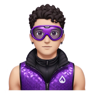 close-up of male athlete with white skin and moderately curly dark brown hair on top with shaved sides, wearing ski goggles with purple frames and very dark black lenses, a simple plain black chain necklace, and a completely unzipped sleeveless vest with purple and black sequin fire pattern design with no logo, frame centered on face and upper chest sticker